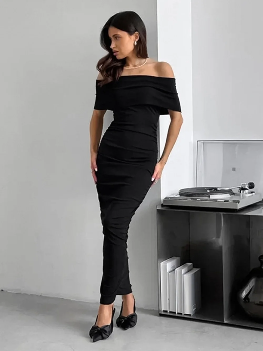 cameo One-Shoulder Black Ruched Midi Dress